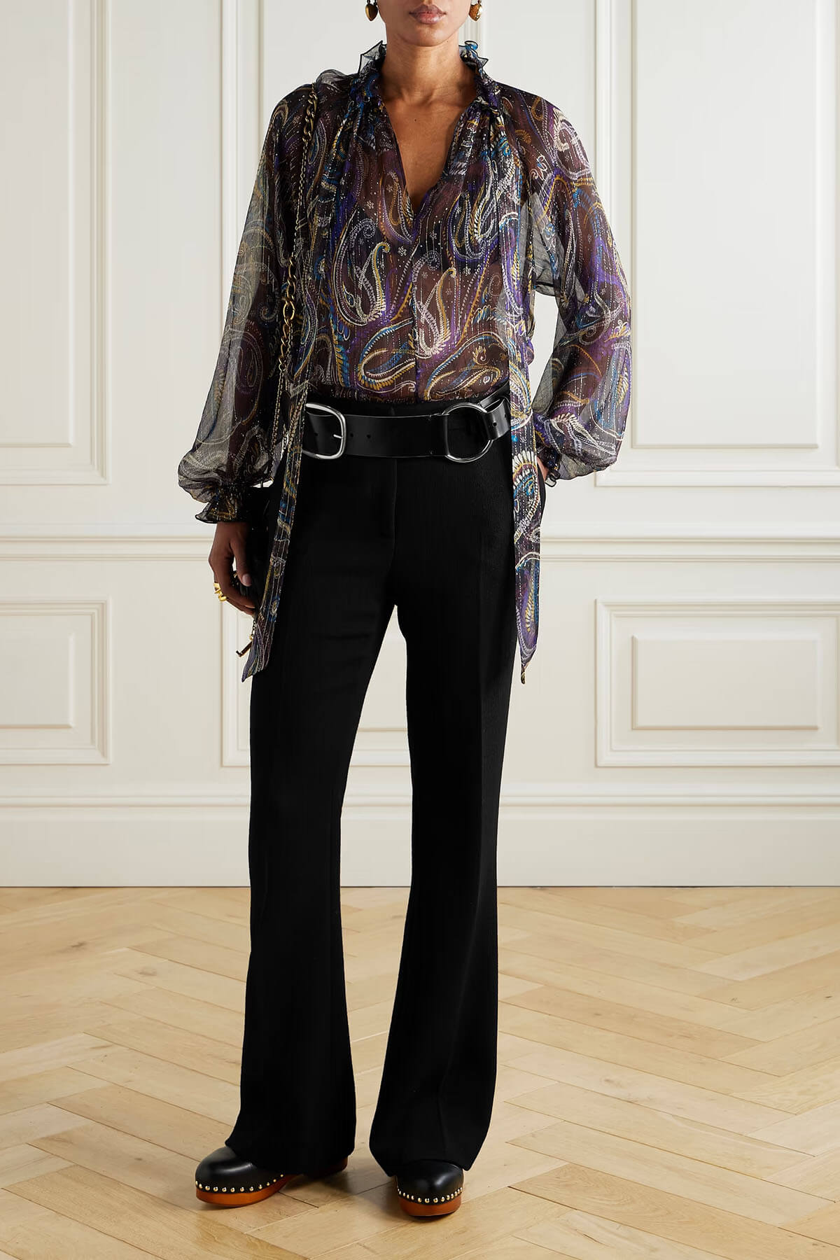 Retro Bow Print Chiffon Long-Sleeve Loose Blouse