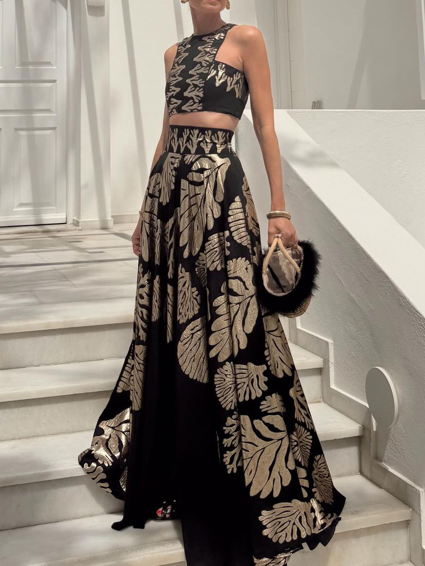 Bohemian Leaf Print Crop Top & Maxi Skirt Two-Piece Set