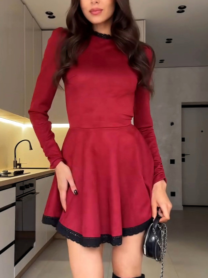Elegant Lace-trimmed Suede Mini Dress