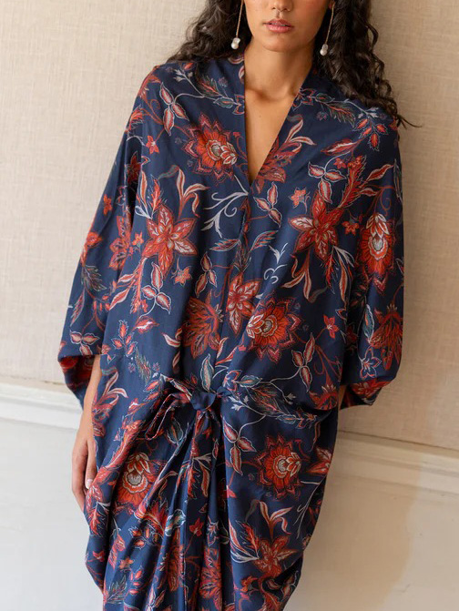 Retro Bohemian Floral Print Lace-Up Loose Maxi Dress