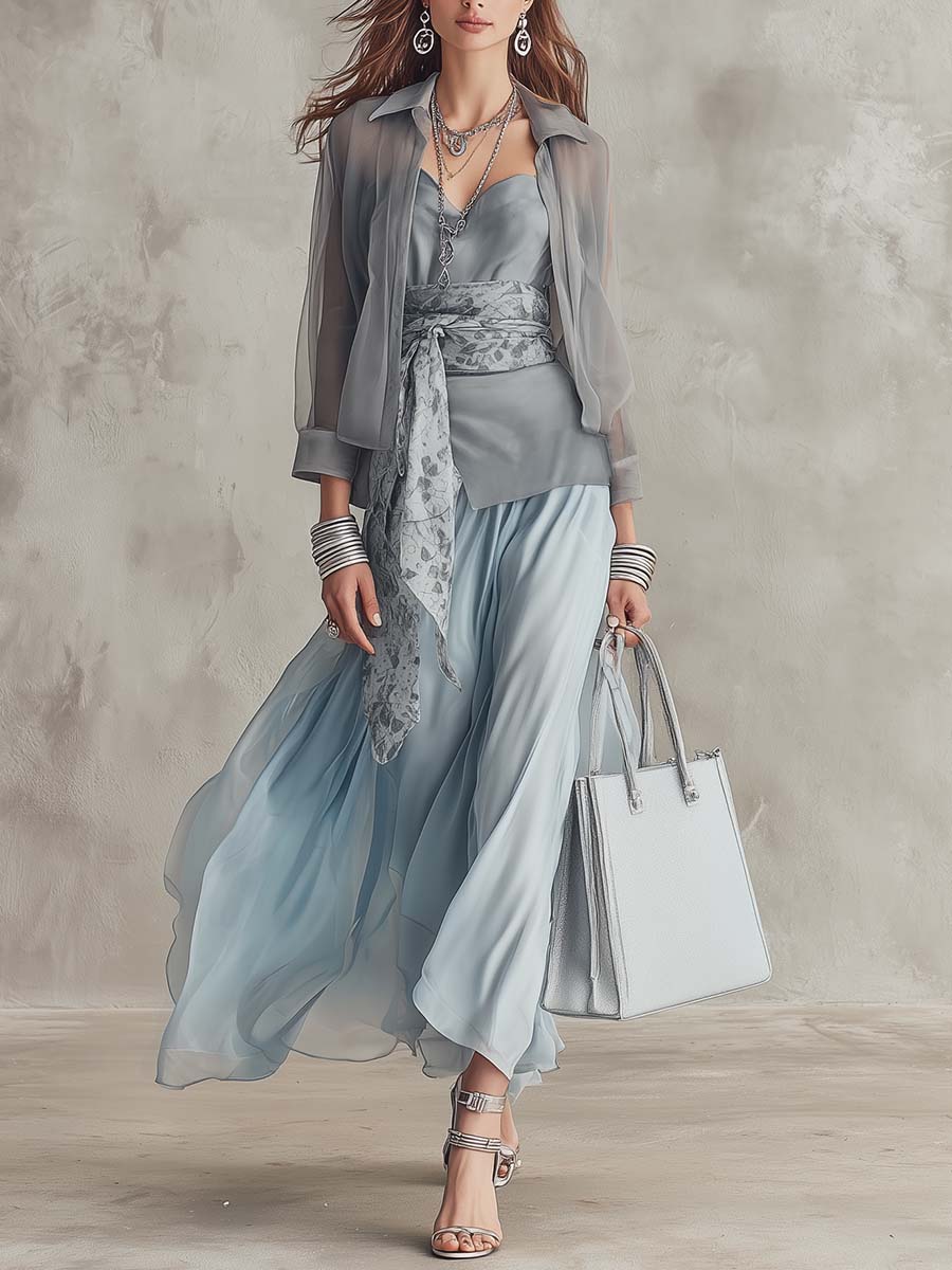 Elegant Sheer Tie-Front Shirt Three-Piece Set