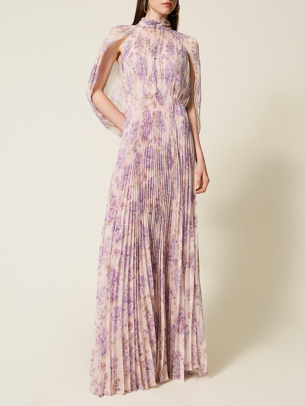 Elegant High Neck Cape Sleeve Ruched Maxi Dress