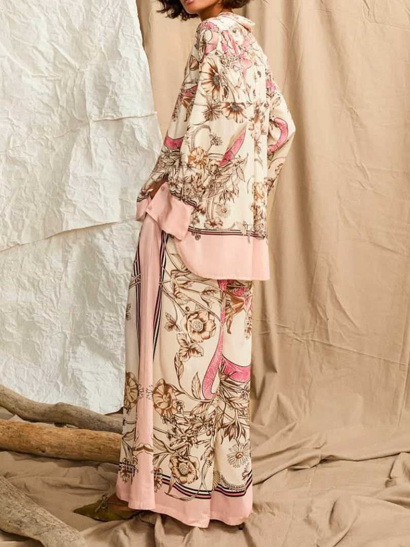 Elegant Floral Print Satin Button-Up Shirt