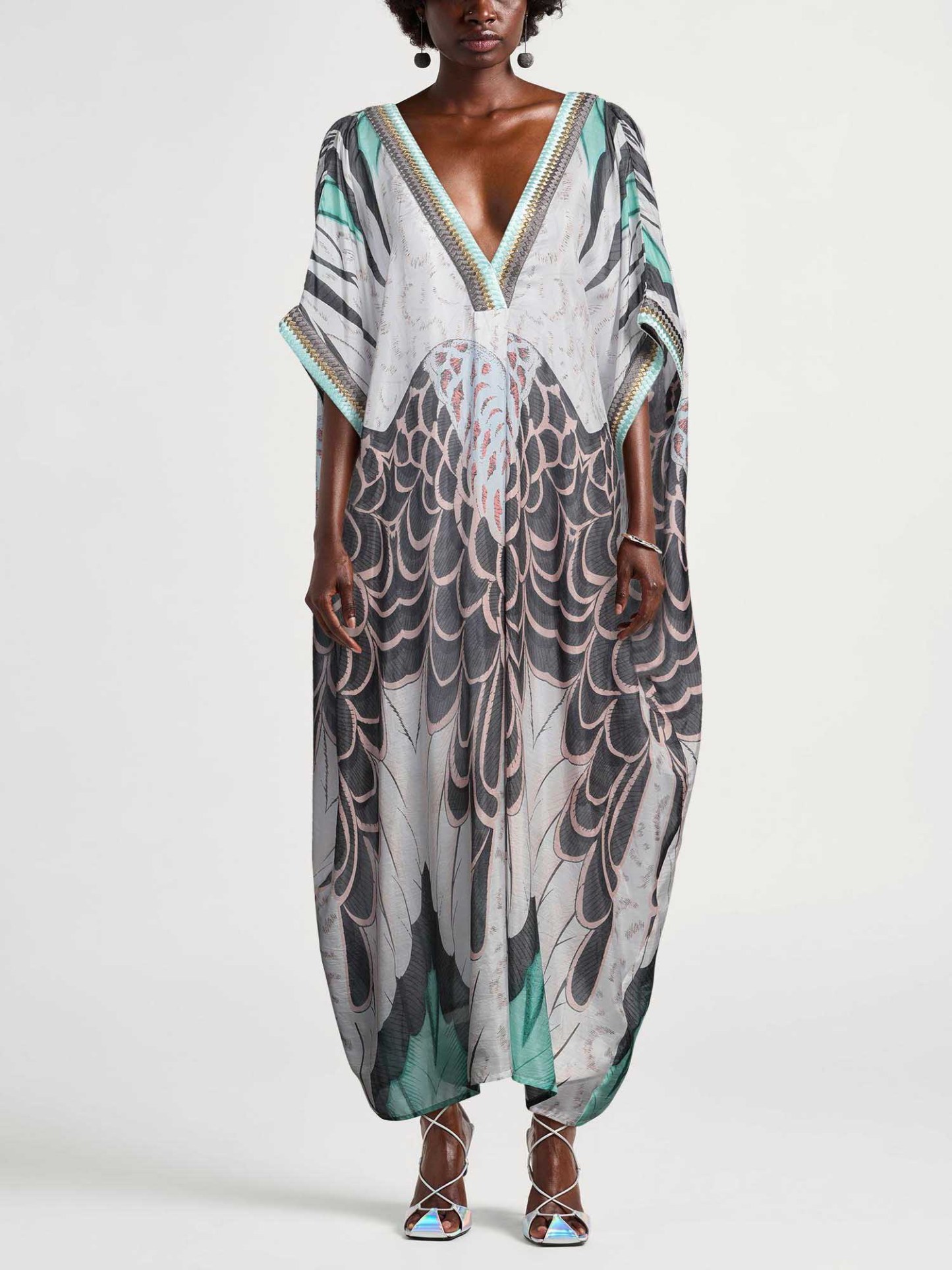 Exquisite Abstract Print V-neck Robe Maxi Dress