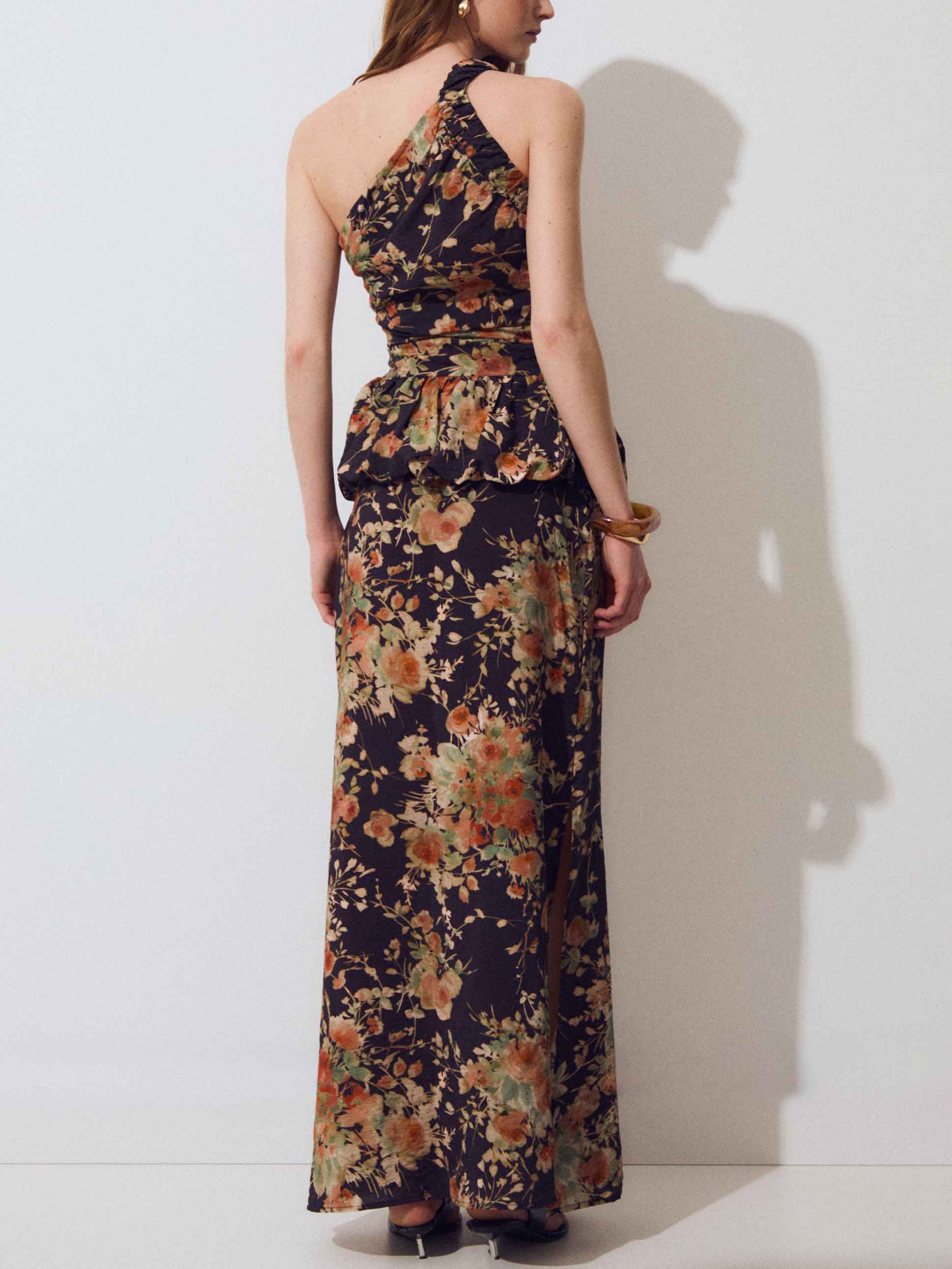 Retro Print One-Shoulder Ruffle Top & Midi Skirt Two-Piece Set