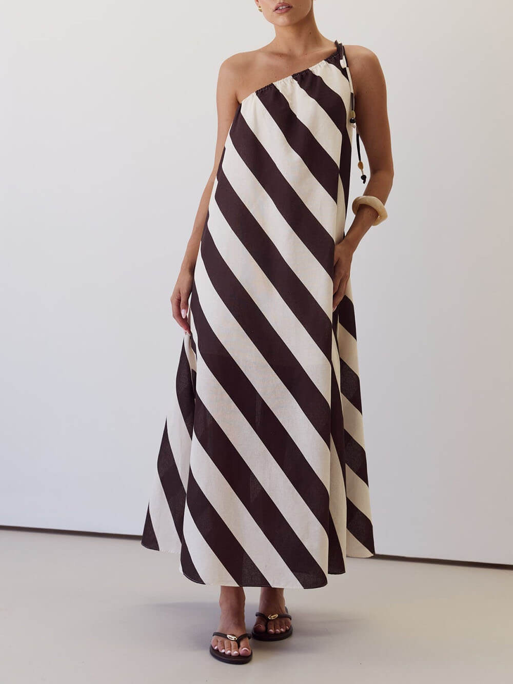 Elegant Striped Print One-Shoulder Tie-Waist Side Pockets Maxi Dress