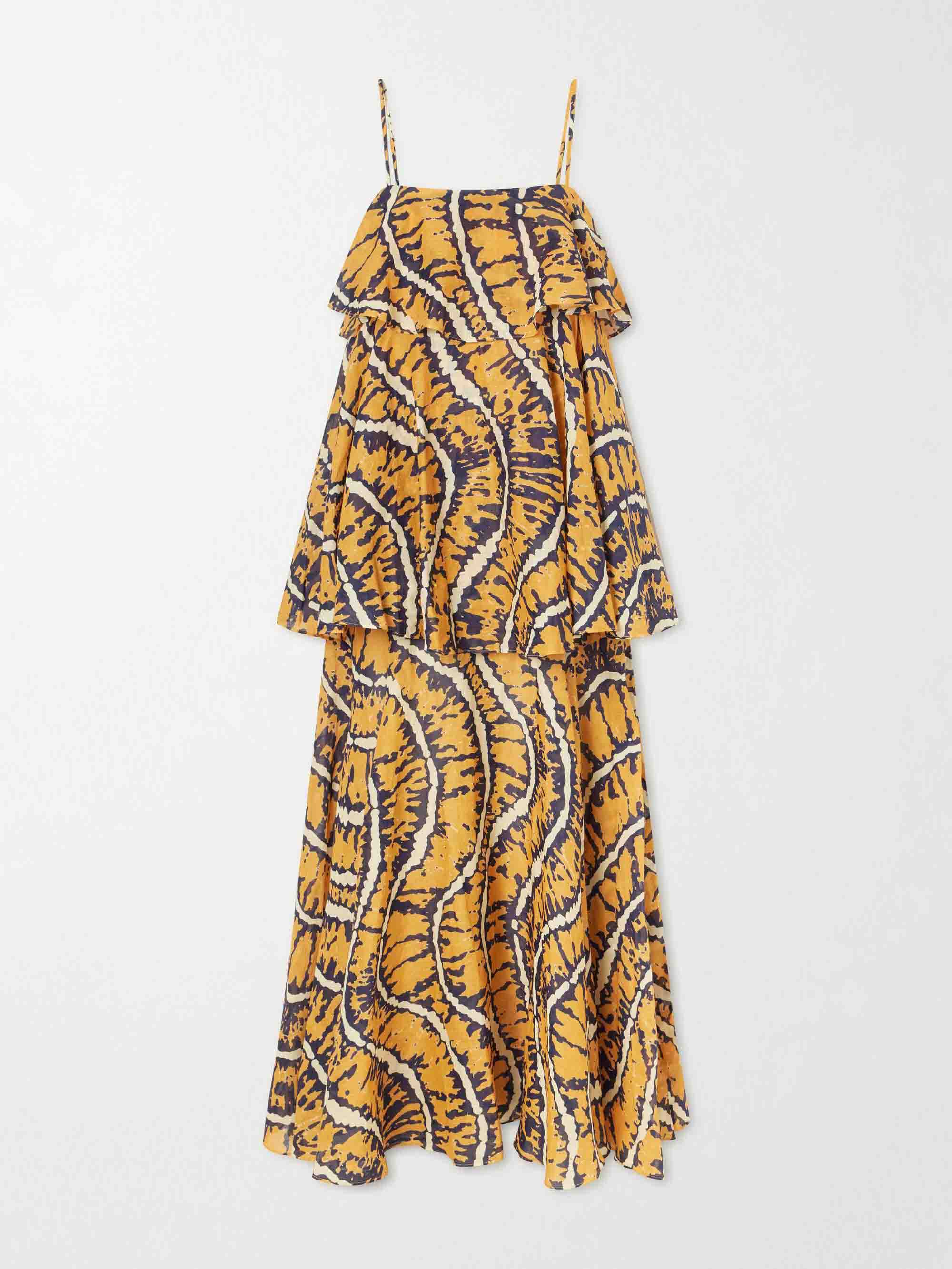 Elegant Abstract Print Tiered Spaghetti Strap Maxi Dress
