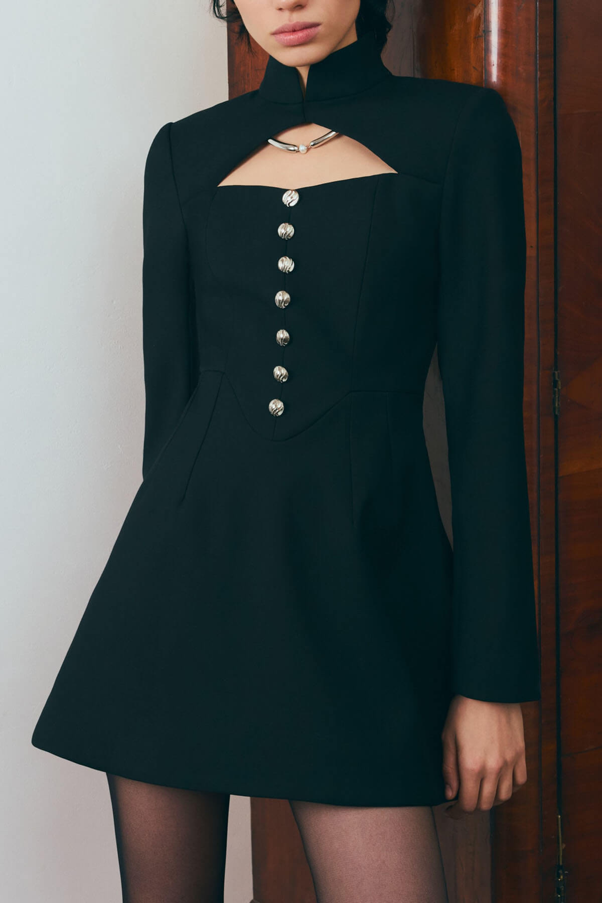 Exquisite Hollowed-out Button-down Slim-fit Mini Dress