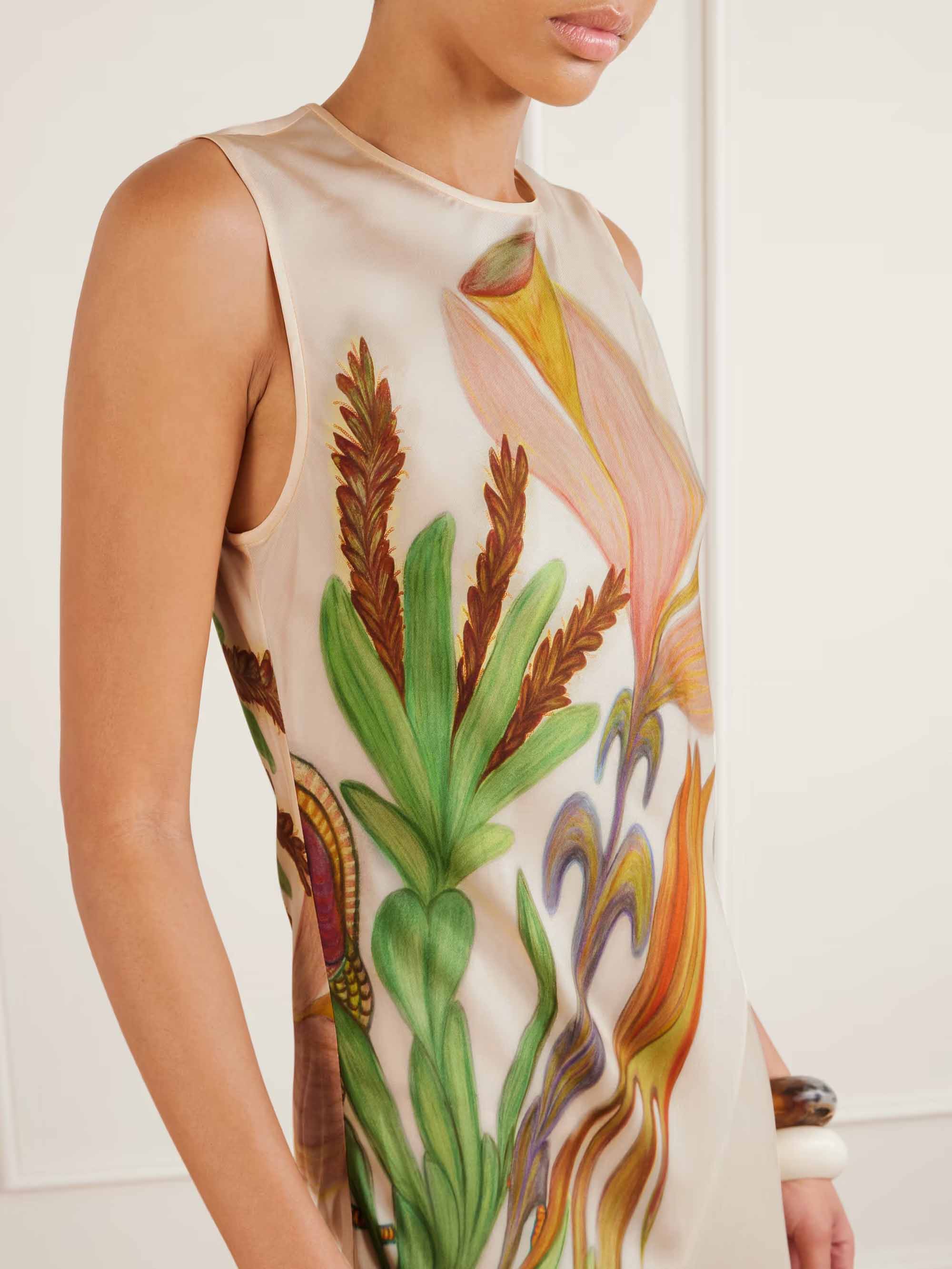 Elegant Satin Printed Sleeveless Maxi Dress