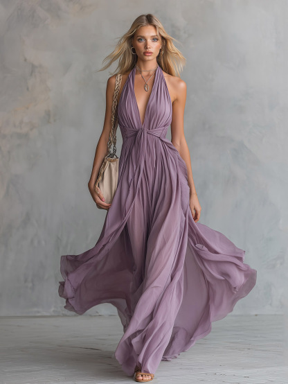 Elegant Ruched Halter Neck Flowing Maxi Dress