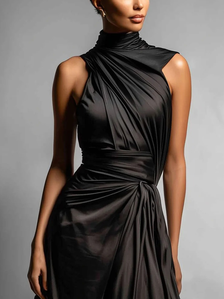 Elegant High-Neck Draped Satin Maxi Dress
