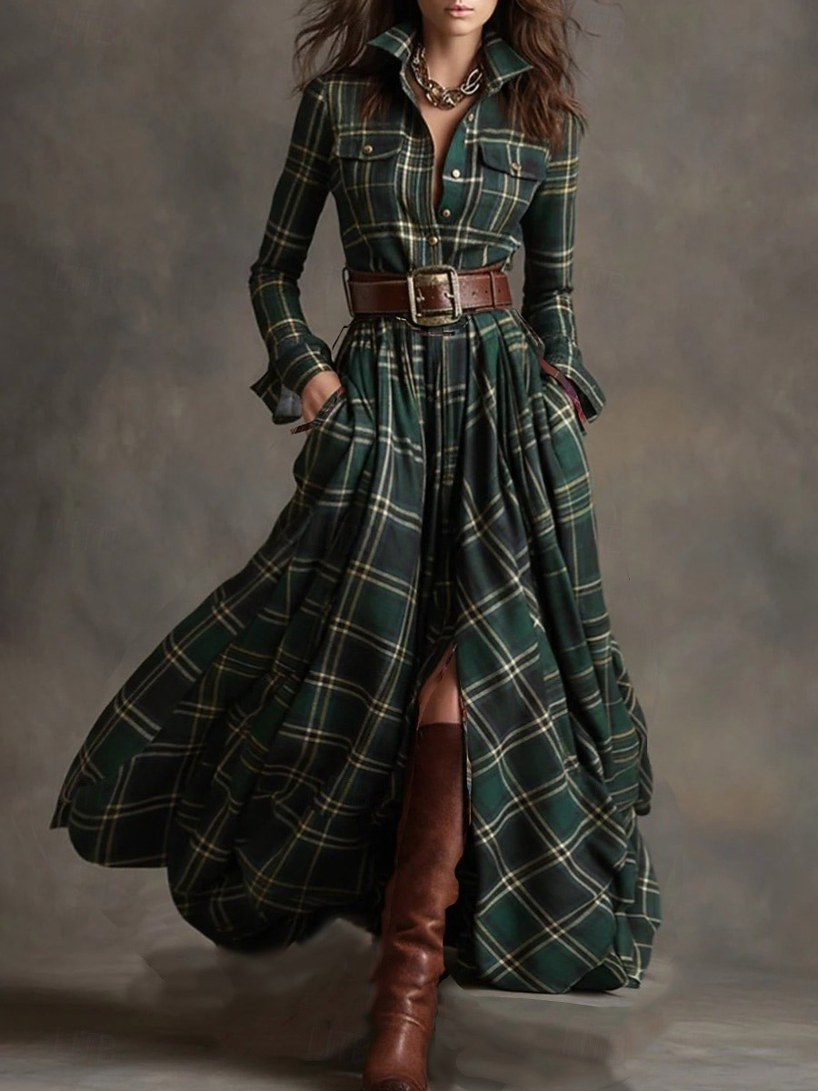 Retro Ethnic Style Plaid Maxi Dress