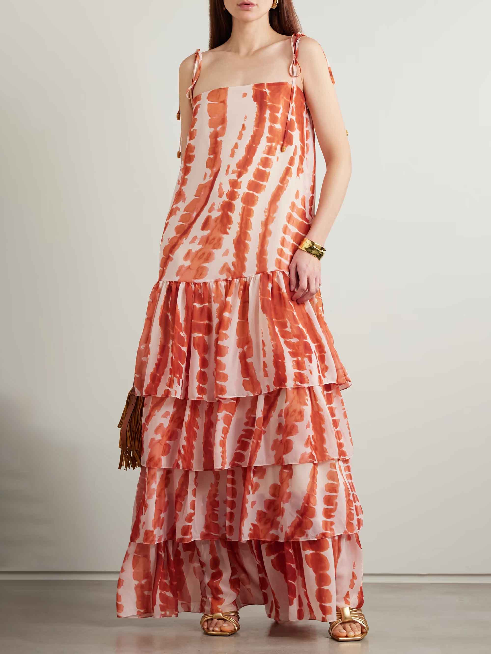 Exquisite Tie-dye Floral Print Lace-up Split Maxi Dress