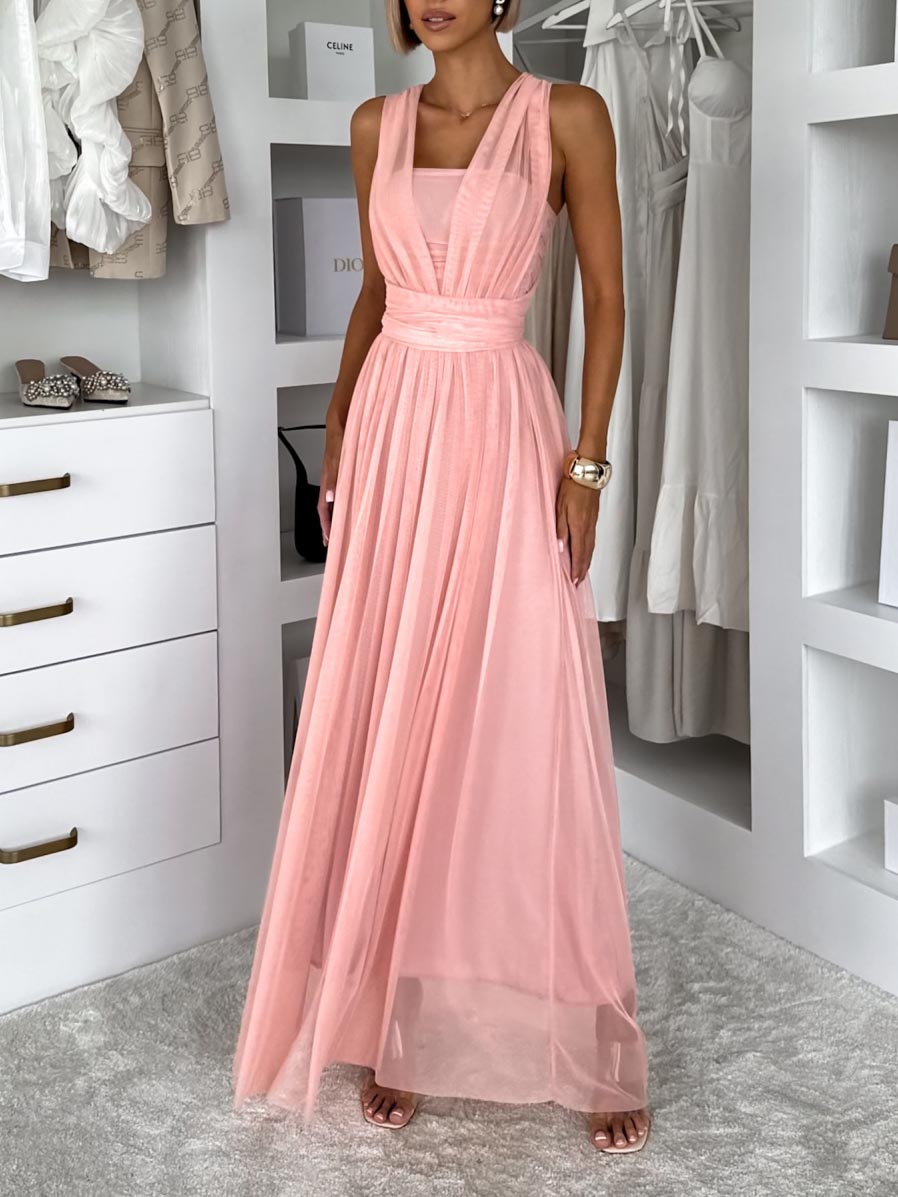 Elegant Sleeveless Mesh Ruched Convertible Maxi Dress