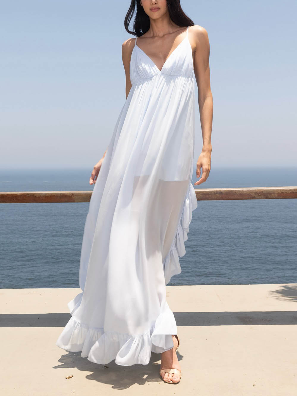 Elegant V-neck Side Slit Ruffled Chiffon Flowy Maxi Dress