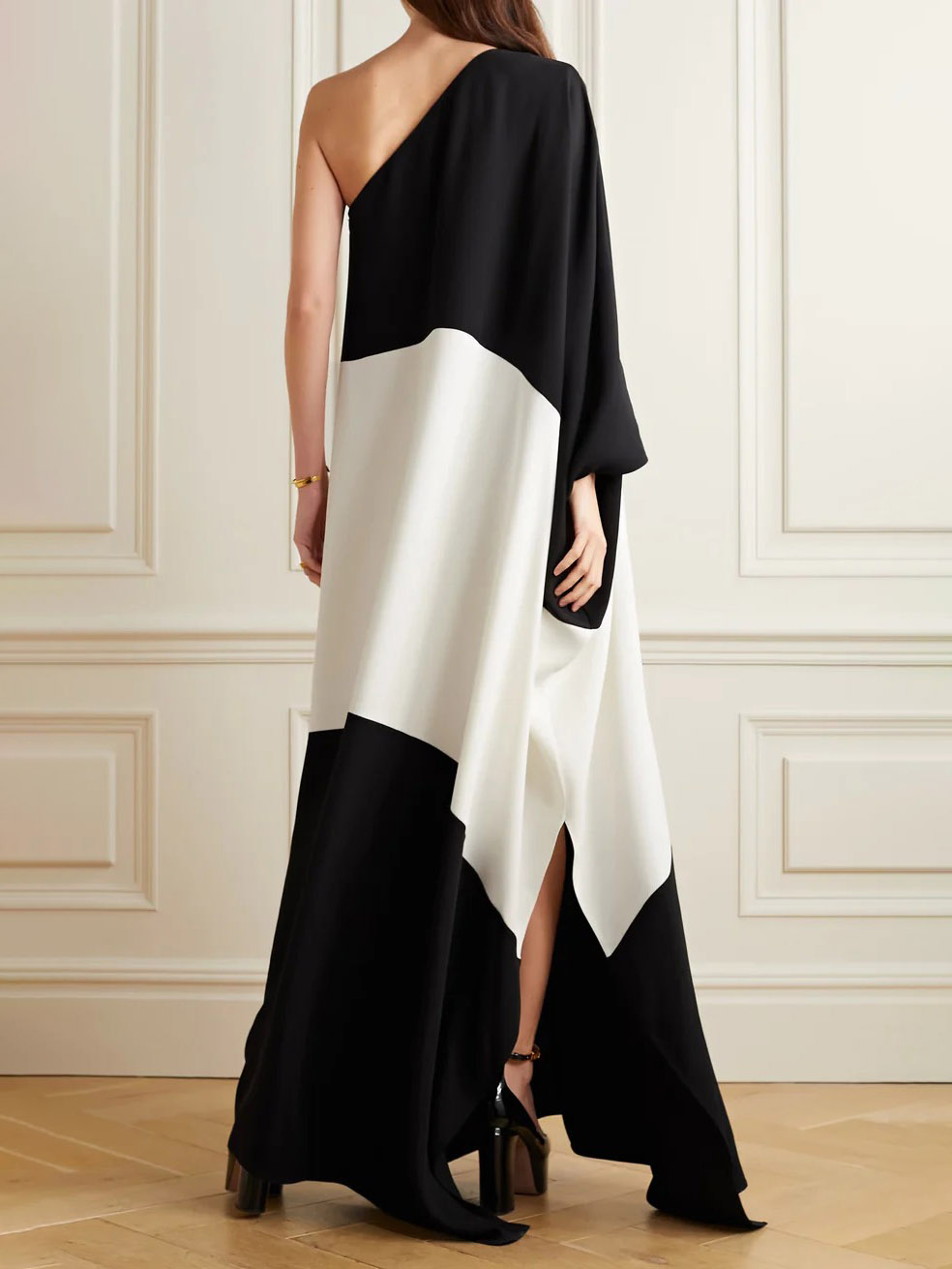 Elegant One-Shoulder Color-Block Draped Maxi Dress