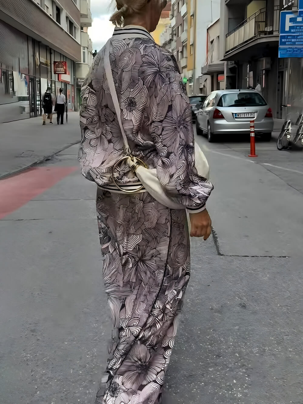 Unique Floral Print Ribbon Splice Pockets Elastic Waist Wide-Leg Pants