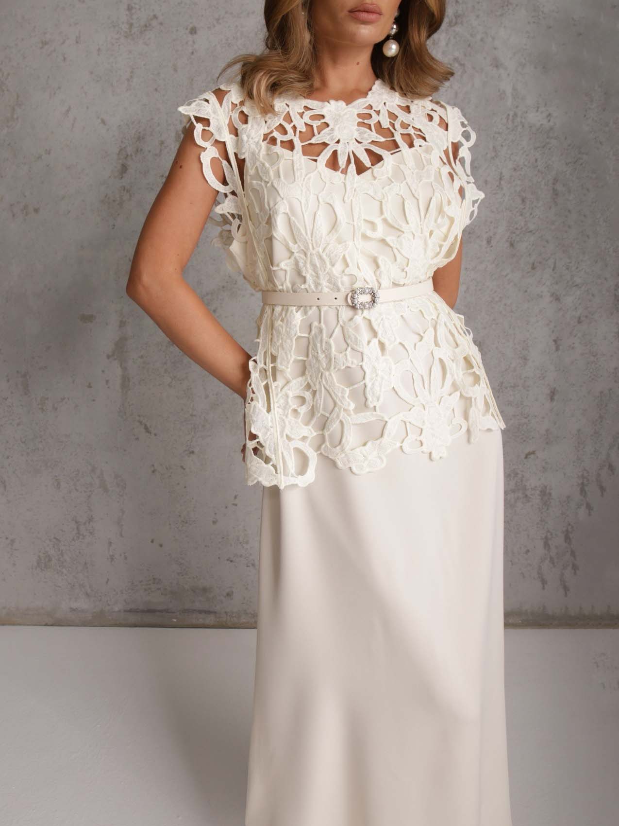 Elegant Cutout Lace Top & Satin Dress Two-Piece Set