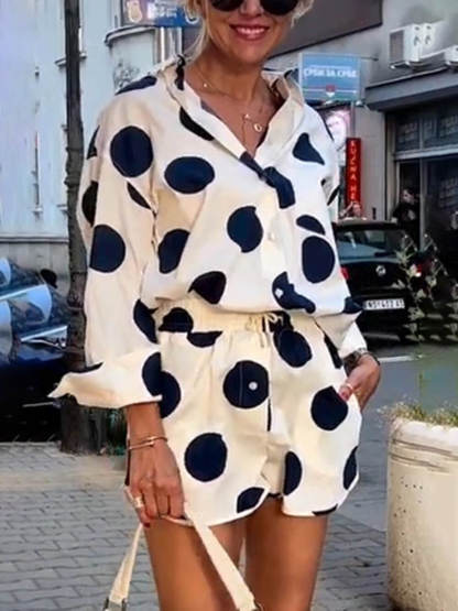 Classic Linen Blend Polka Dot Print Lapel Long Sleeve Shirt and Elastic Waist Pocket Shorts Set