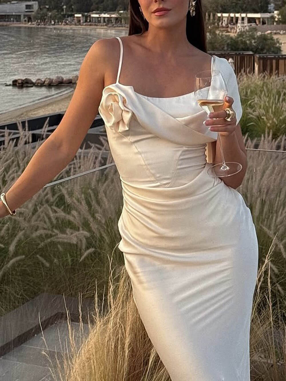 Elegant Pleated Fishtail Ribbon Fitted Party Maxi Dress