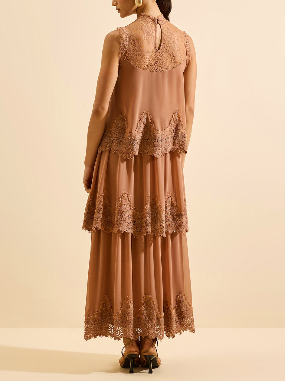 Elegant Chiffon Lace Tiered Sleeveless Maxi Dress