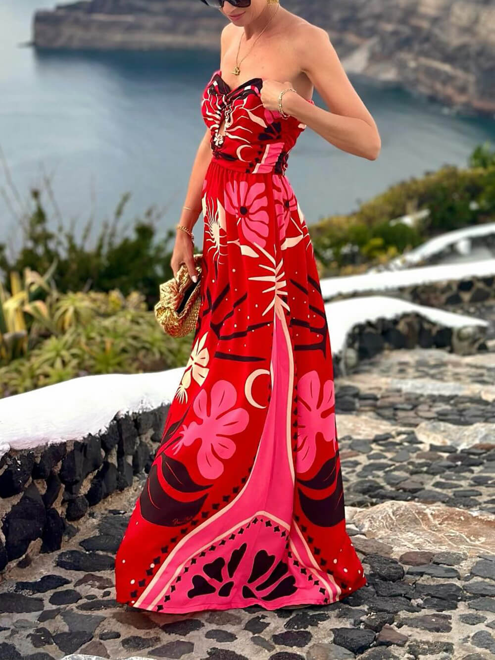 Retro Exquisite Unique Ethnic Print Tube Top Backless Maxi Dress