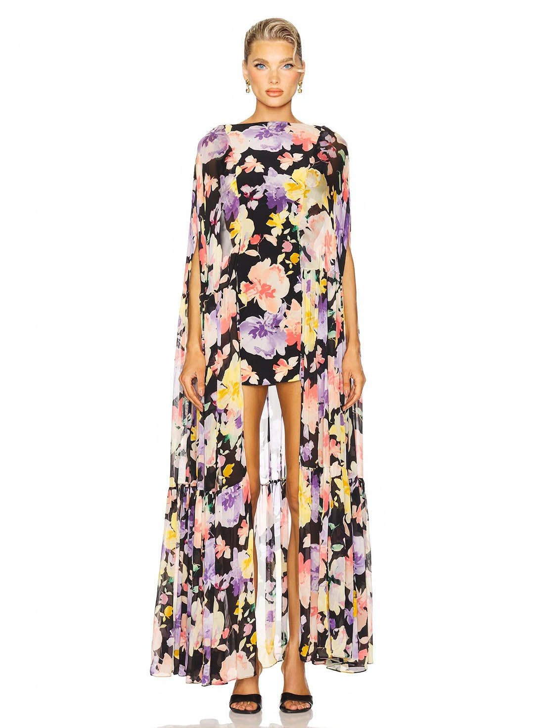 Elegant Floral Print Sheer Cape High-Low Mini Dress