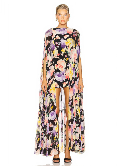Elegant Floral Print Sheer Cape High-Low Mini Dress