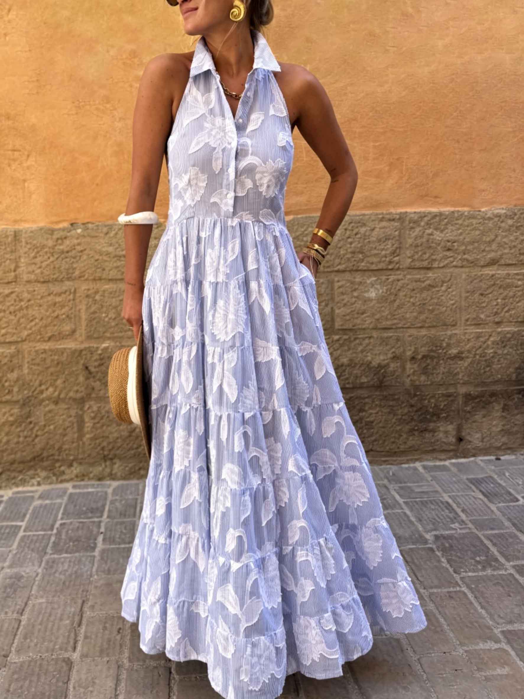 Exquisite Striped Floral Jacquard Backless Layered Maxi Dress