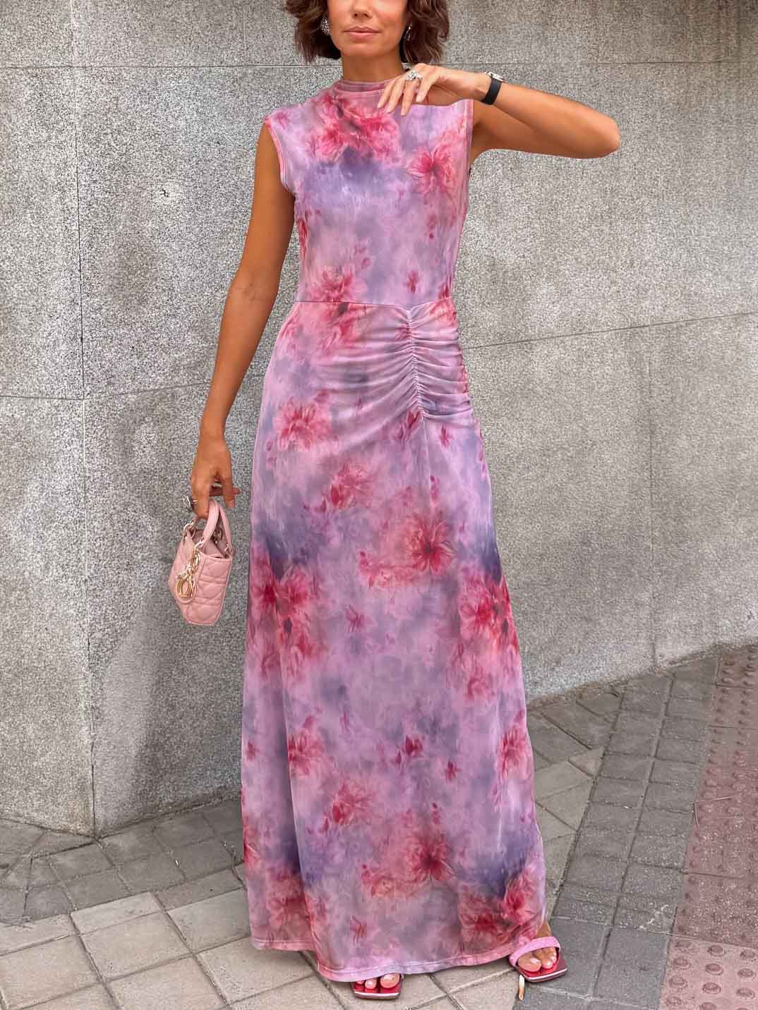Retro Gradient Floral Mesh Print Slim Maxi Dress