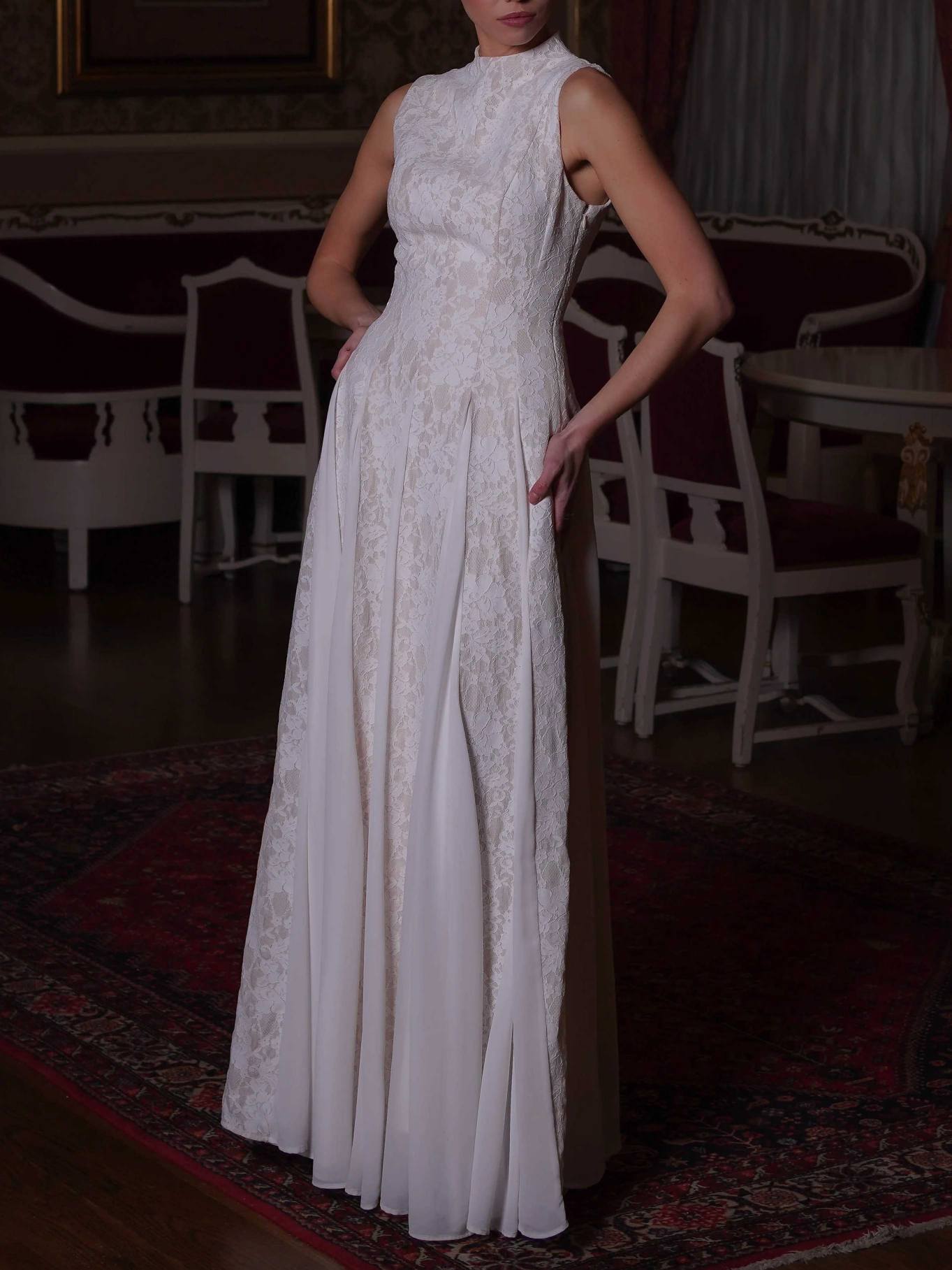 Elegant High Neck Lace Panel Maxi Dress