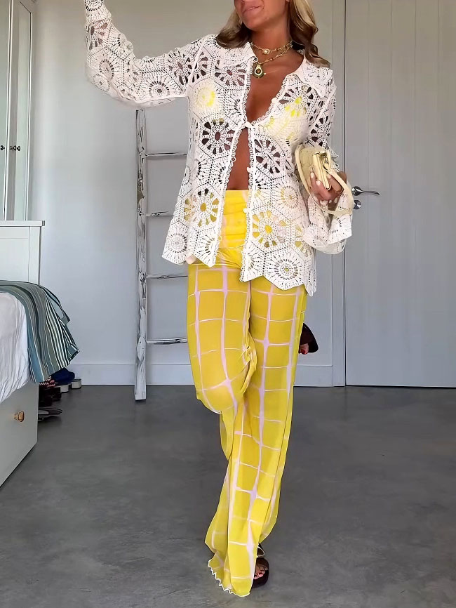 Casual Mesh Plaid Print Flared Pants