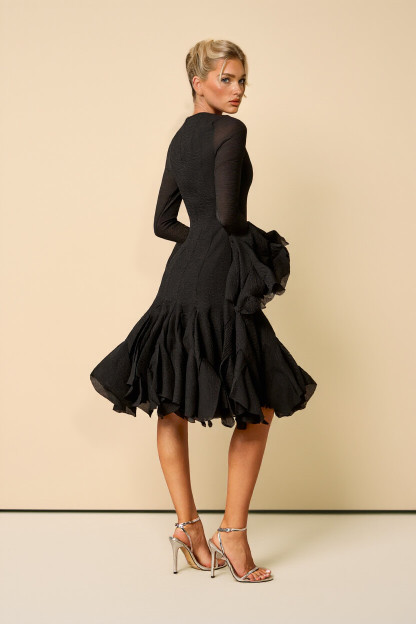 Elegant Black Ruffle-Trimmed Bell Sleeve Midi Dress