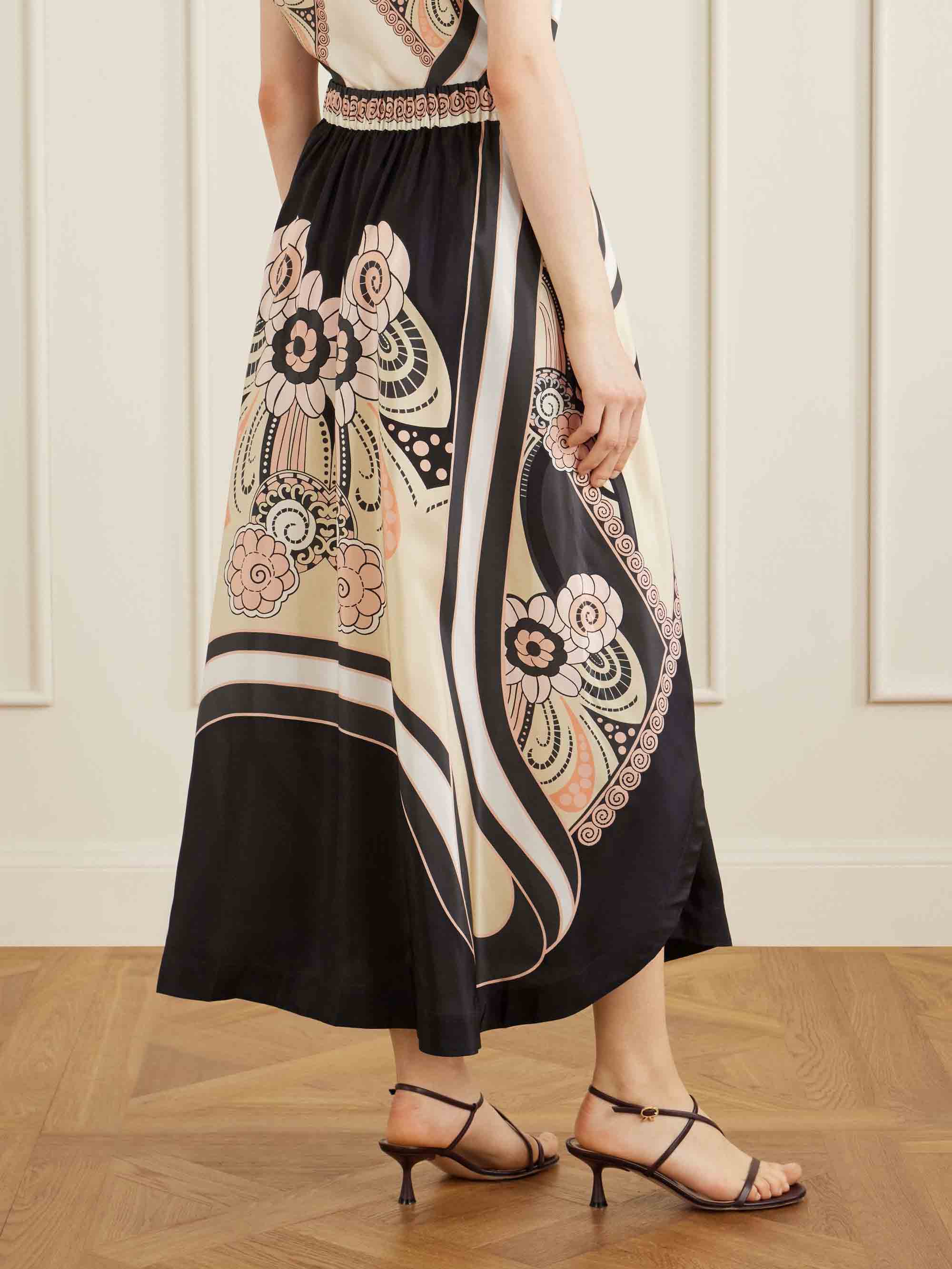 Elegant Satin Abstract Print Asymmetrical Top & Skirt Two-Piece Set