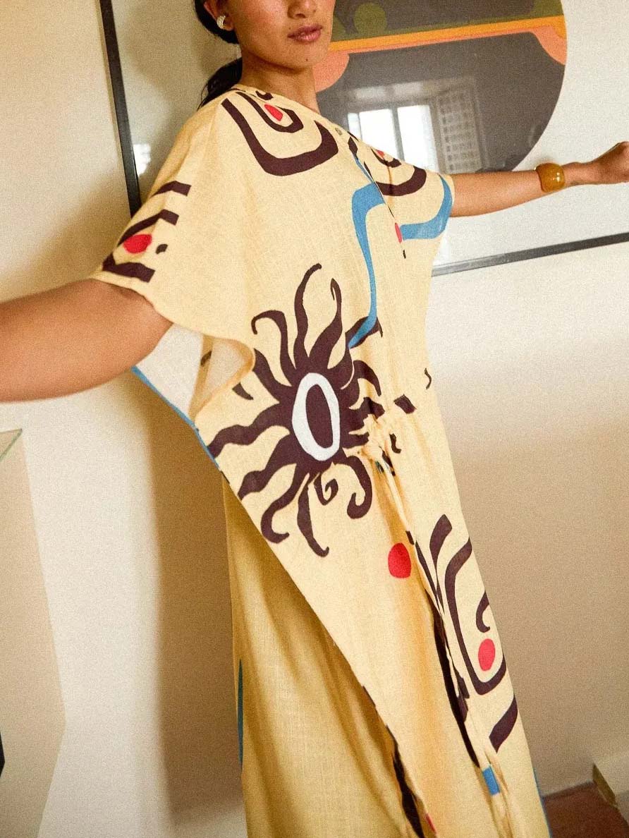 Unique Art Sun Floral Print Waist Tie Maxi Dress