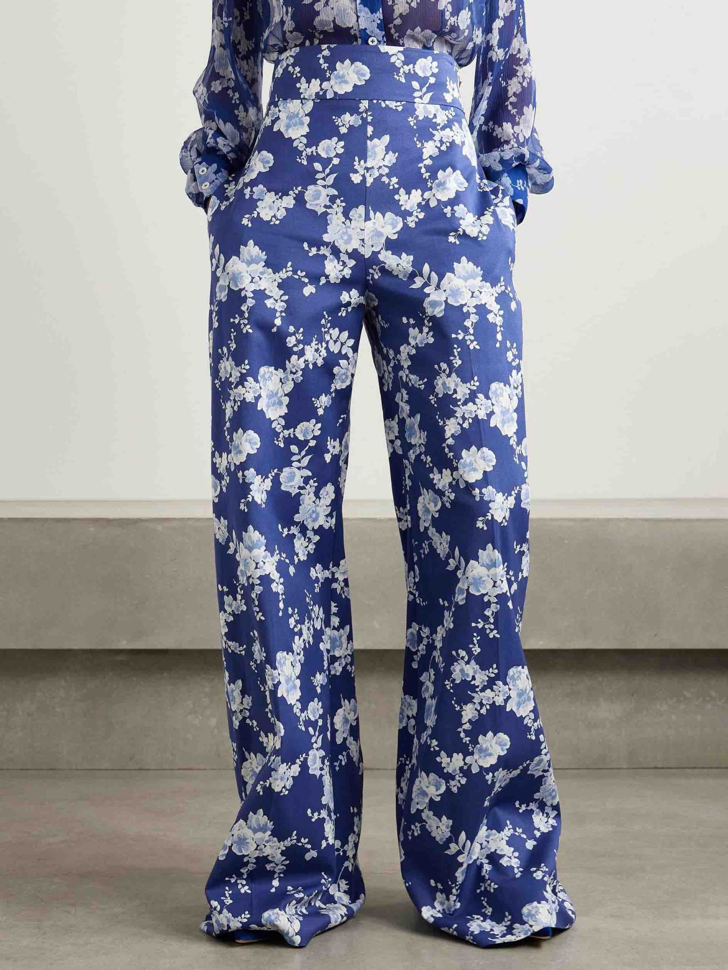 Exquisite Floral Print Twill Wide-leg Pants