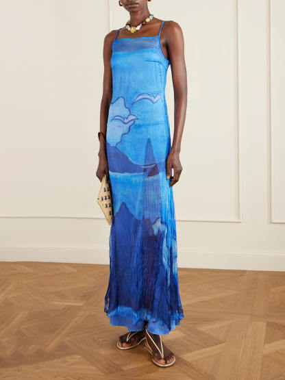 Retro Pleated Print Chiffon Slip Maxi Dress