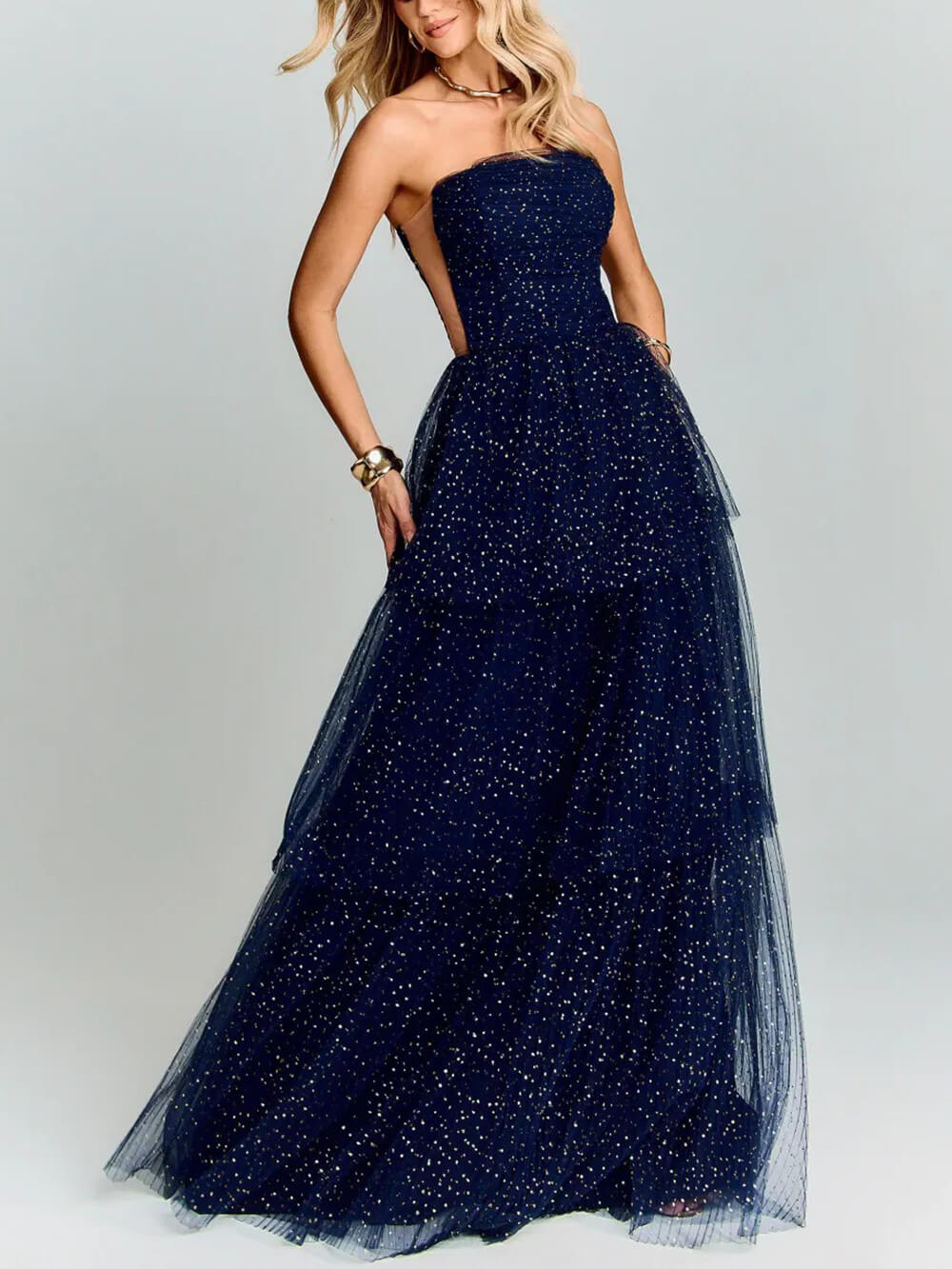 Elegant Navy Blue Polka Dot Layered Tulle Party Maxi Dress