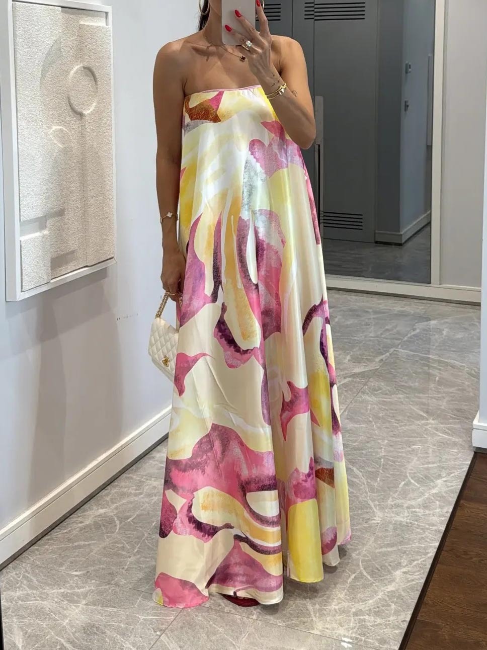 Elegant Wrap-neck Abstract Floral Print Satin Maxi Dress