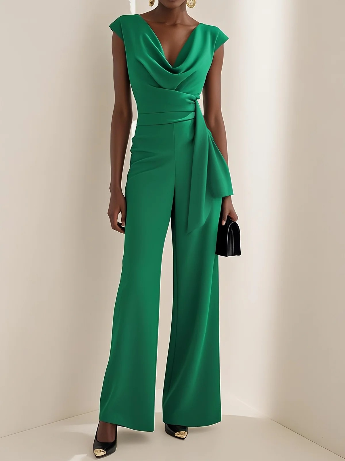 Elegant Draped V-Neck Wide-Leg Jumpsuit