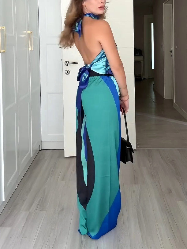 Exquisite Geometric Print Asymmetric Satin Two-piece Set