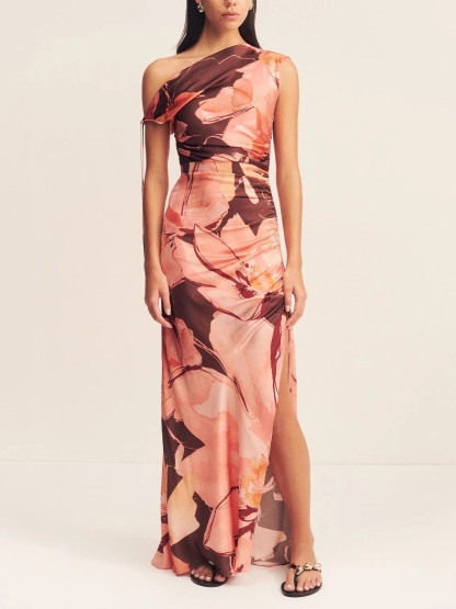Elegant Asymmetric Floral Print Pleated One Shoulder Maxi Dress