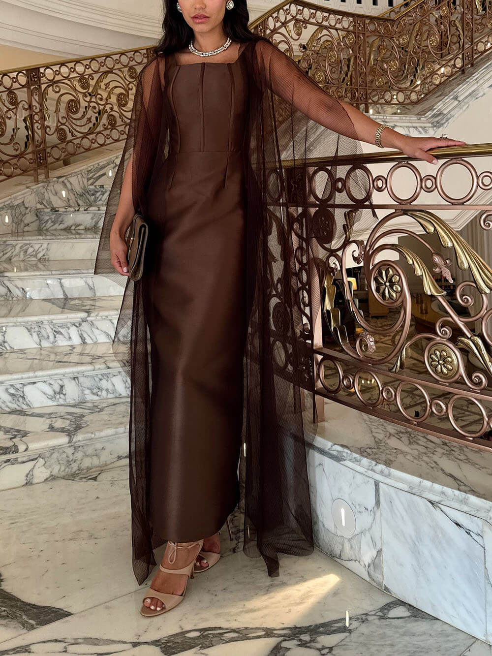 Elegant Cinched Waist Layered Mesh Party Dress