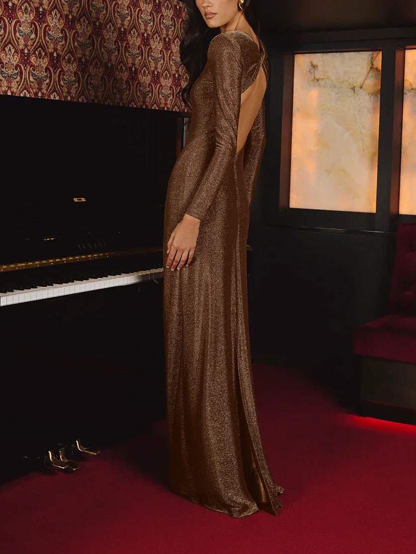 Elegant Metallic Open-Back Long-Sleeved Maxi Dress