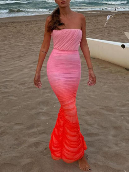 Elegant Mesh Strapless Ombre Print Bodycon Mermaid Gown Maxi Dress