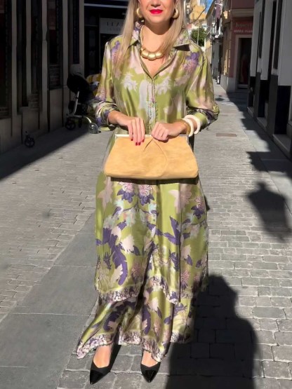 Exquisite Satin Floral Print Button-down Two-piece Set