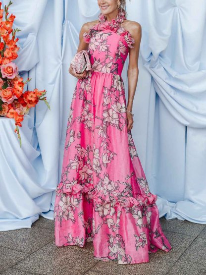 Exquisite Floral Print Ruffled Halterneck Maxi Dress