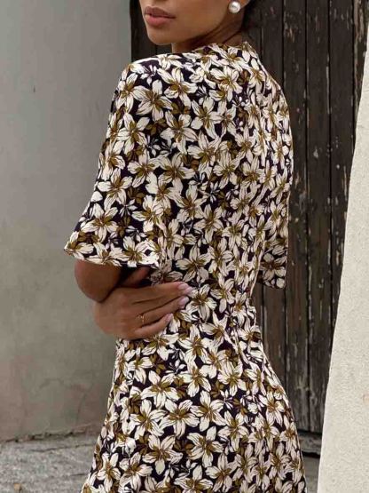 Elegant Satin Floral Print Slit Midi Dress