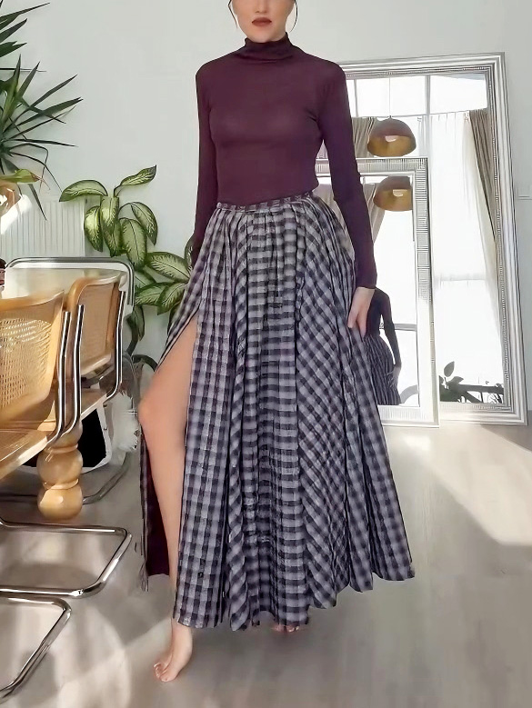 Elegant Plaid High-slit Maxi Skirt Two-piece Set
