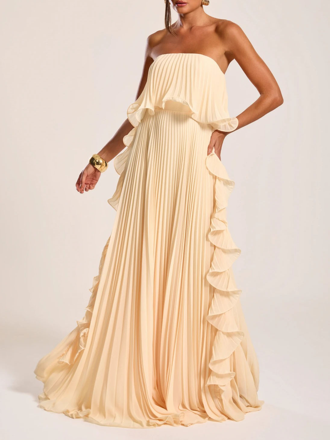 Vestido Maxi de Chifón con Pliegues y Volantes sin Tirantes Elegante